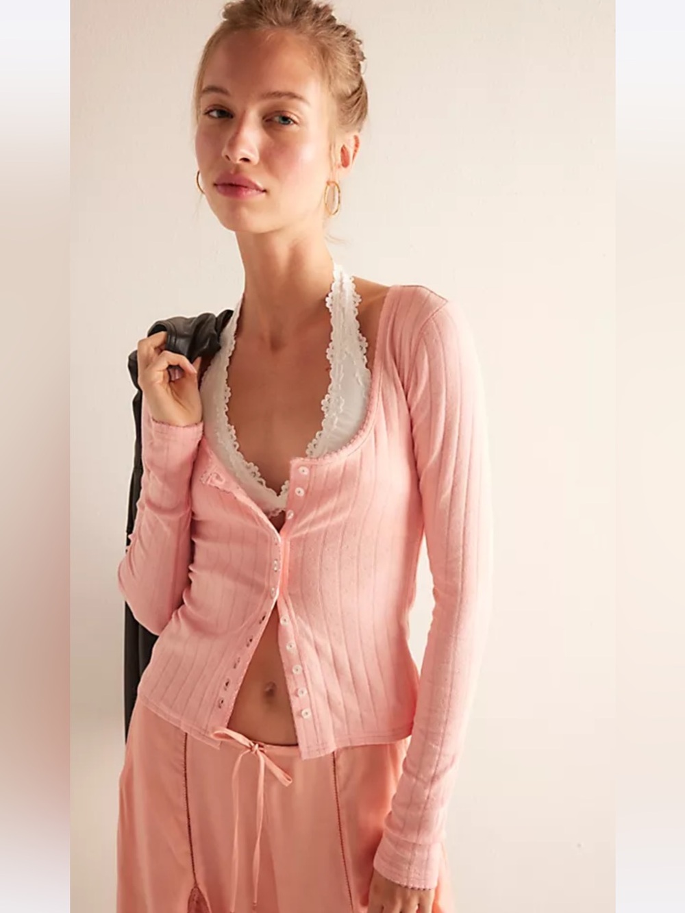 Intimately Free People End Game Pointelle  Button Front Long Sleeve Tee Pink L